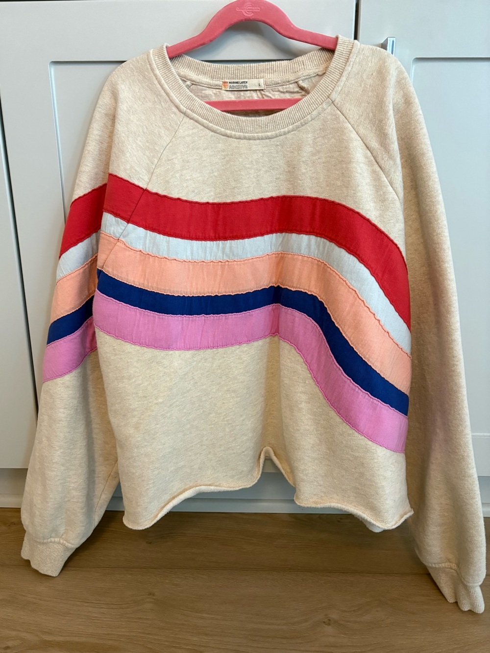 Marine Layer Cream Crewneck Sweater with Red, Navy, Pink & Peach Stripes